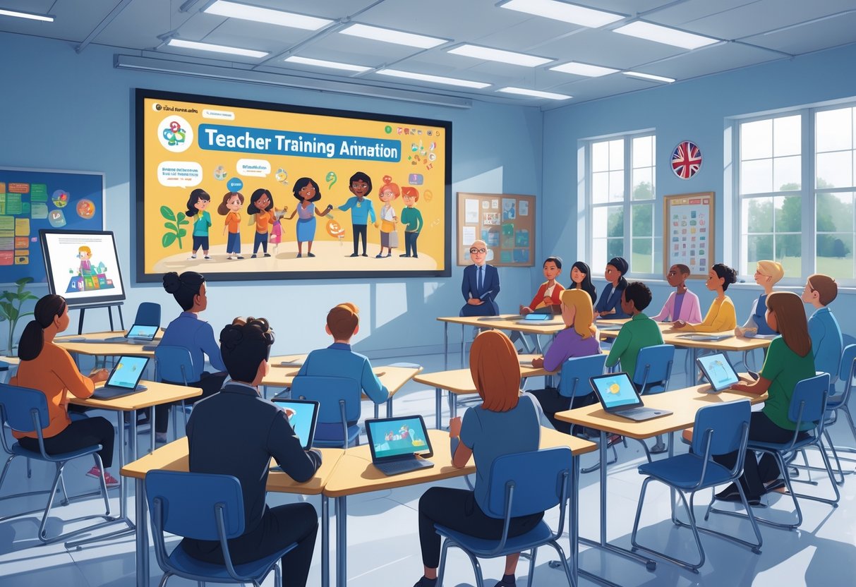 A group of teachers in a classroom watching an animated educational video on a large screen during a training session.