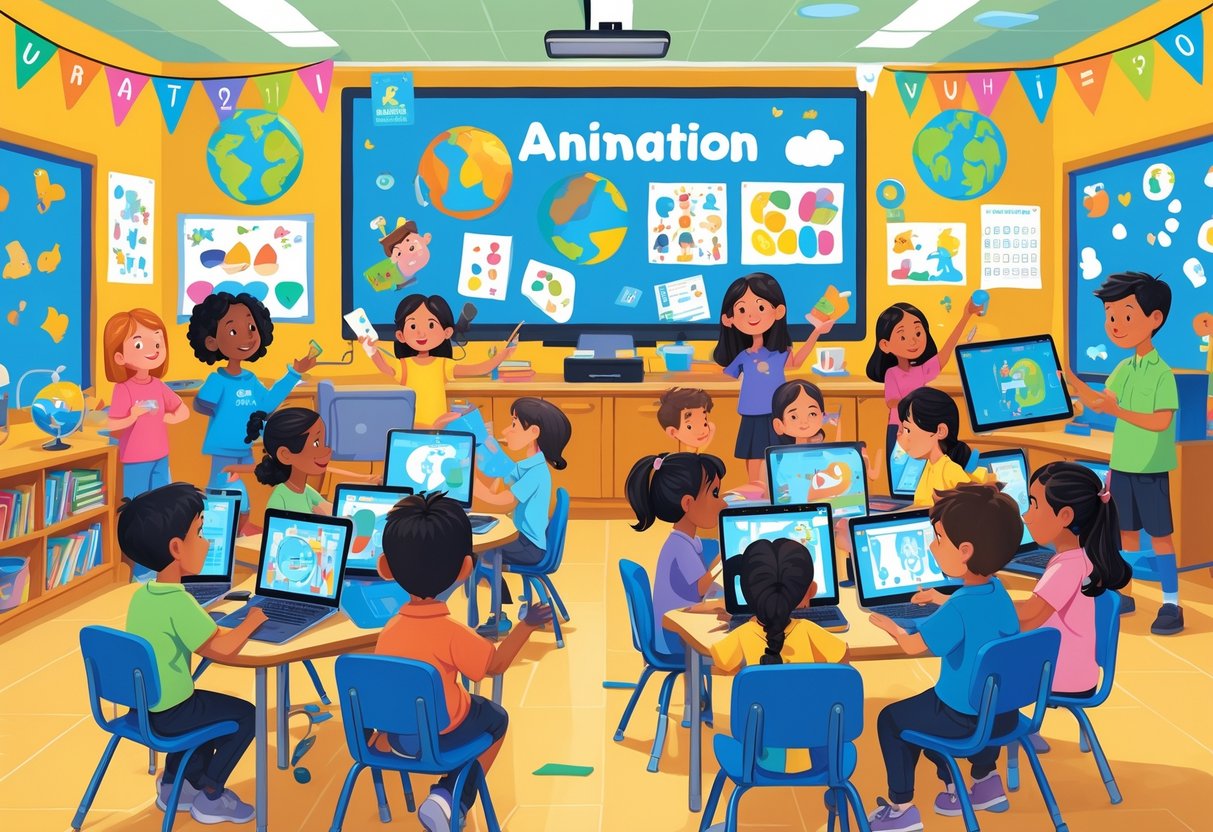A group of young children in a classroom using tablets and computers to create animations, surrounded by symbols representing different school subjects.