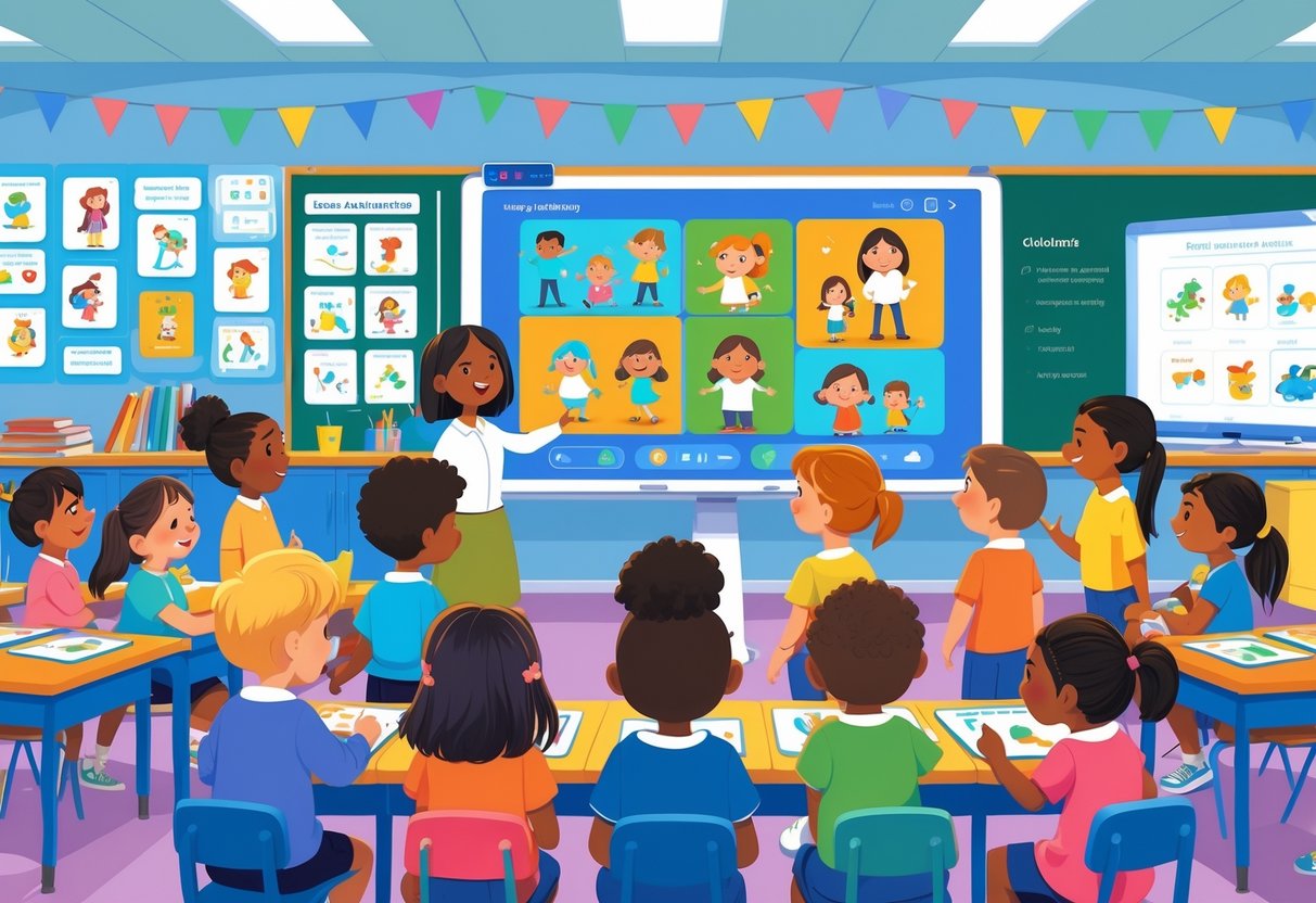 Children and a teacher in a primary school classroom looking at a digital screen showing colourful animations, with educational materials around them.