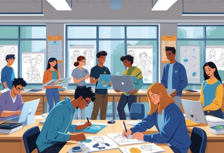 A group of university students working together on animation projects in a classroom with computers, tablets, and sketches.