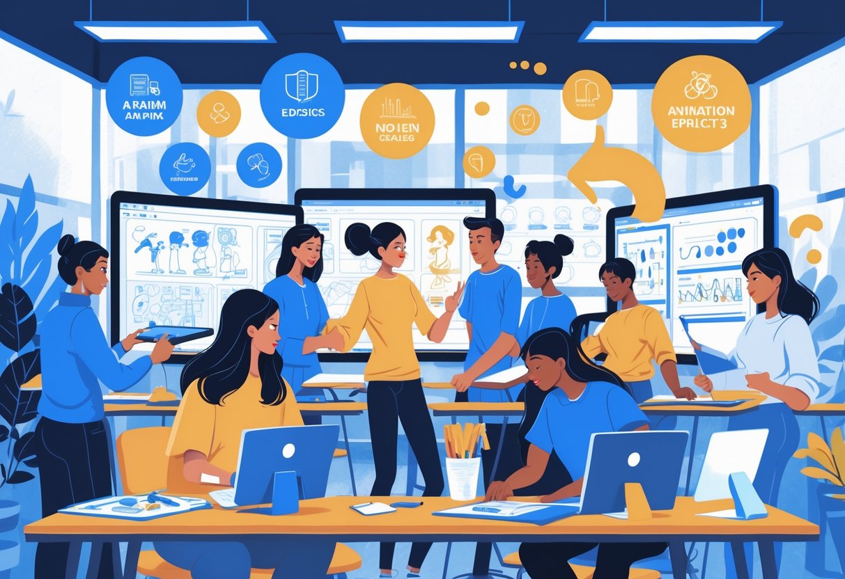 A group of students and educators working together in a modern animation classroom with digital tools and creative visuals representing animation skills.