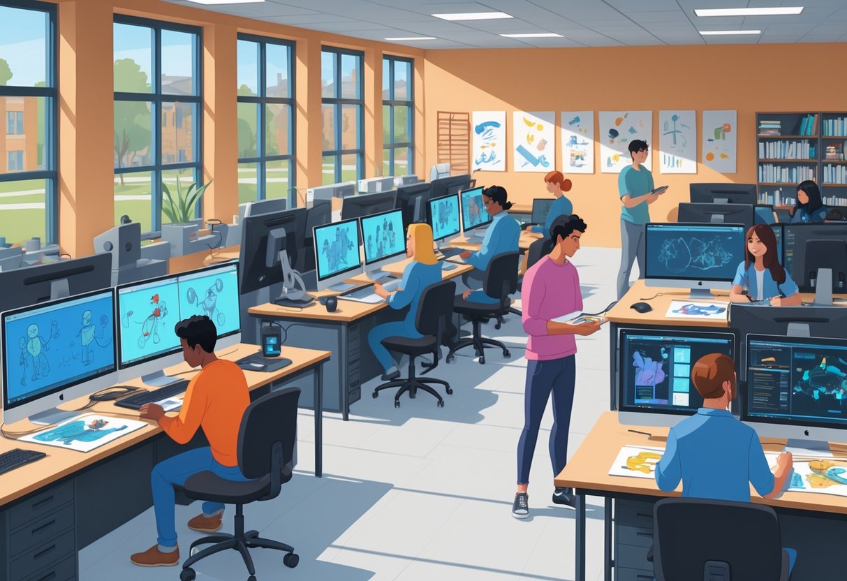 A busy animation studio with students and instructors working on digital drawing tablets and computers in a university setting.