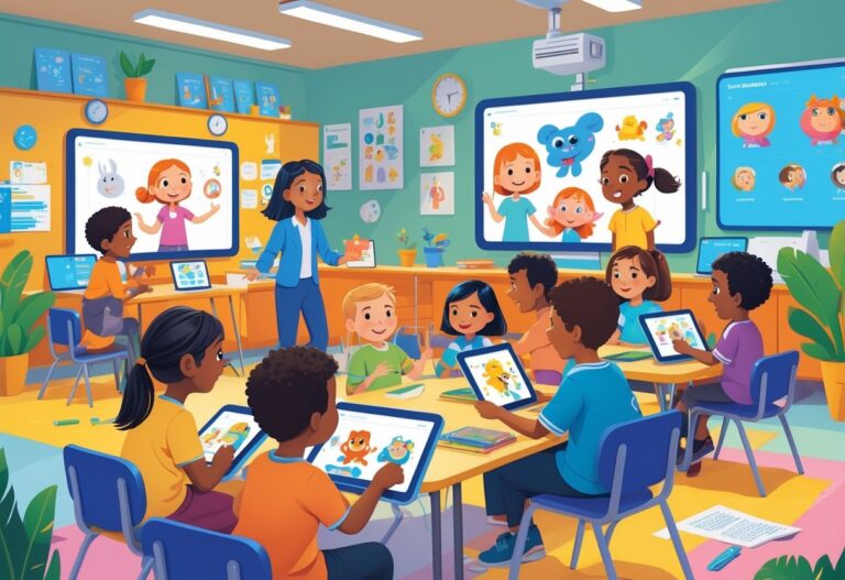 Children with special educational needs engaged in an animated learning session with a teacher in a bright classroom.