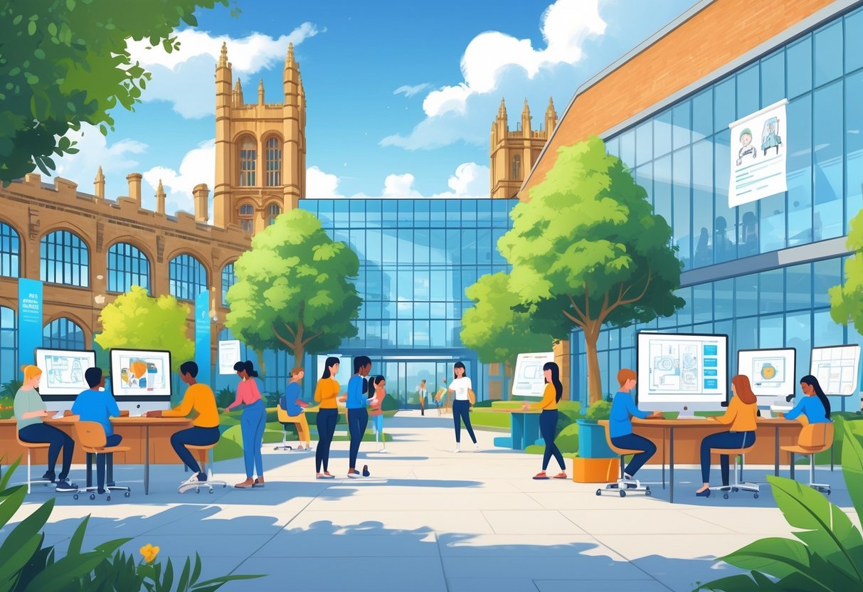 A university campus with students working together on animation projects using digital devices and sketchpads, surrounded by a mix of historic and modern buildings.