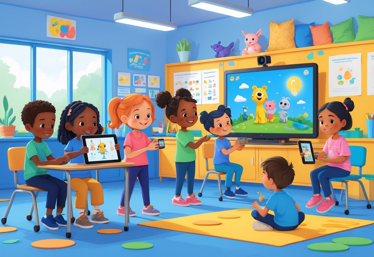 Children with different abilities engaging with various types of animation in an inclusive classroom supported by a teacher.