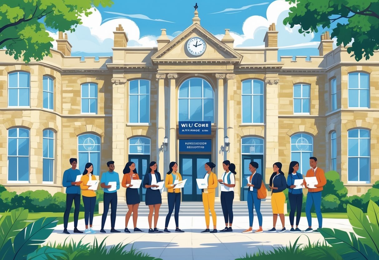 A group of diverse students outside a traditional UK university building, preparing for admissions and entry requirements.