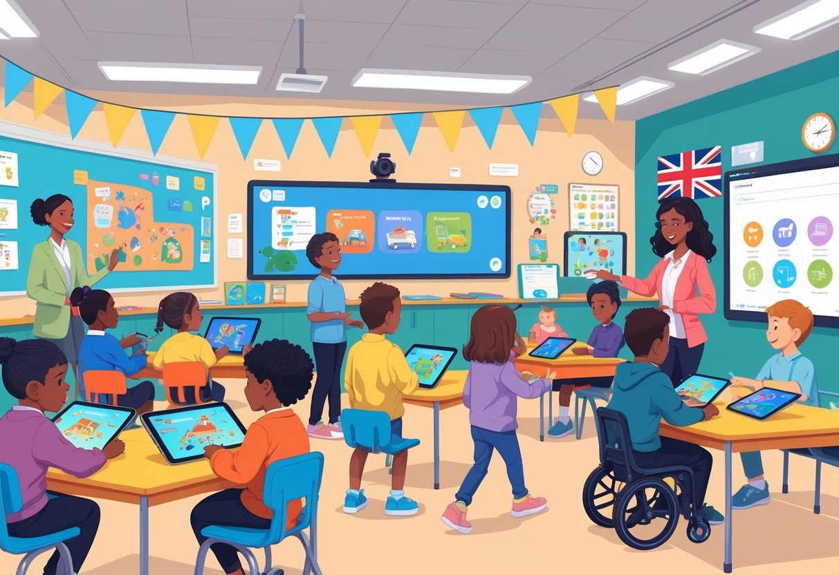A classroom with children and a teacher using animation on digital devices to support learning for students with special educational needs.