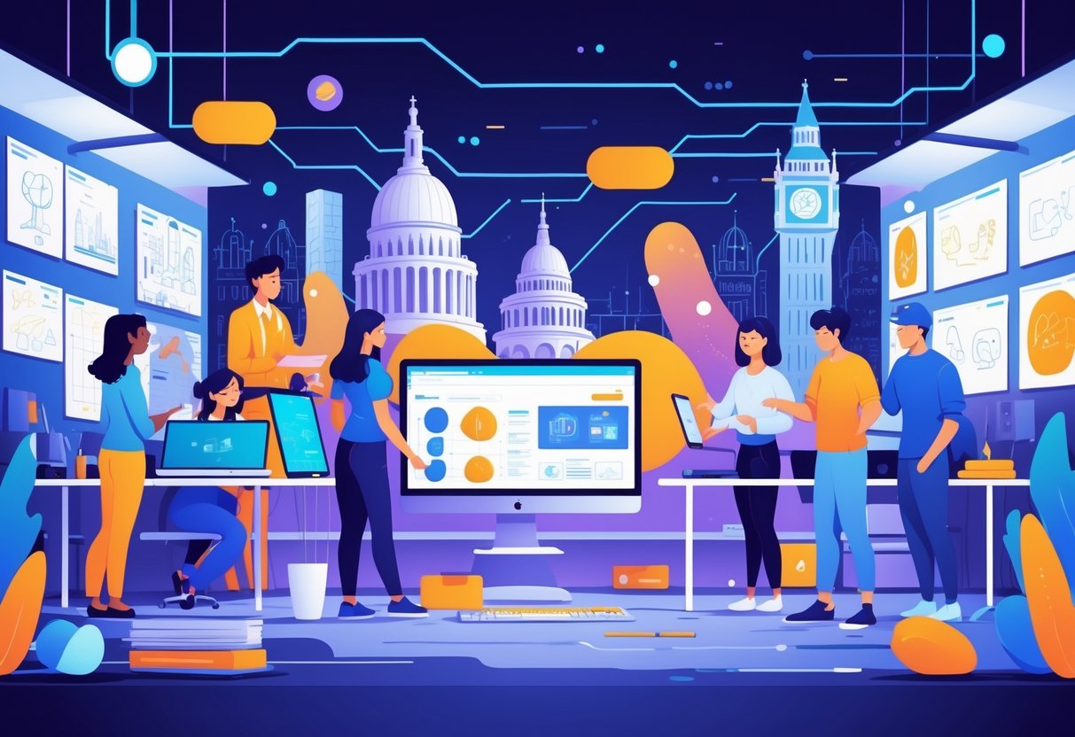 A group of students and professionals collaborating on animation projects in a modern workspace with UK landmarks in the background, symbolising education and industry connections.