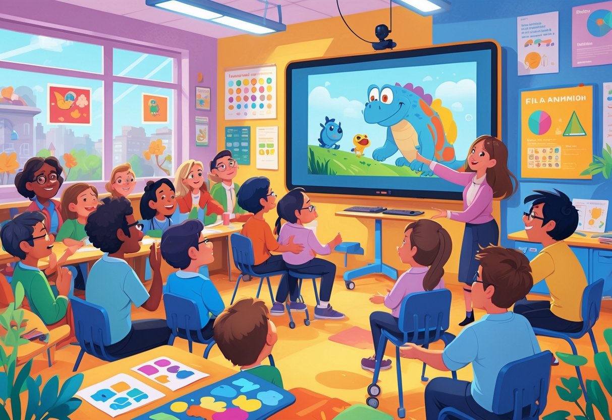 A group of diverse SEND learners in a classroom watching an animated film with a teacher guiding them.