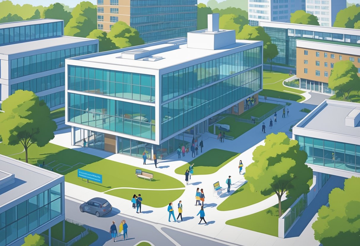 A university campus scene showing students around modern buildings with accommodation and study facilities, highlighting technology and animation in higher education.