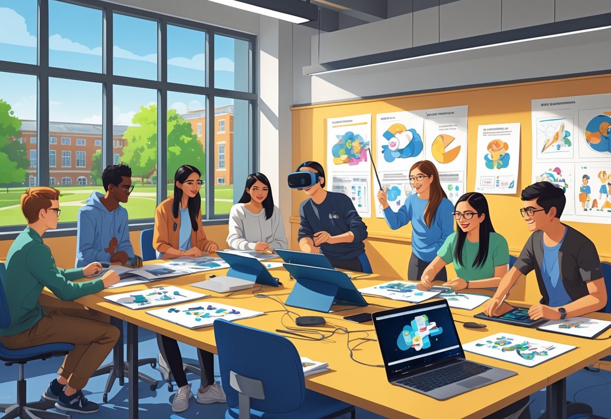 University students collaborating on creative projects involving animation and design in a bright classroom with technology and art materials.