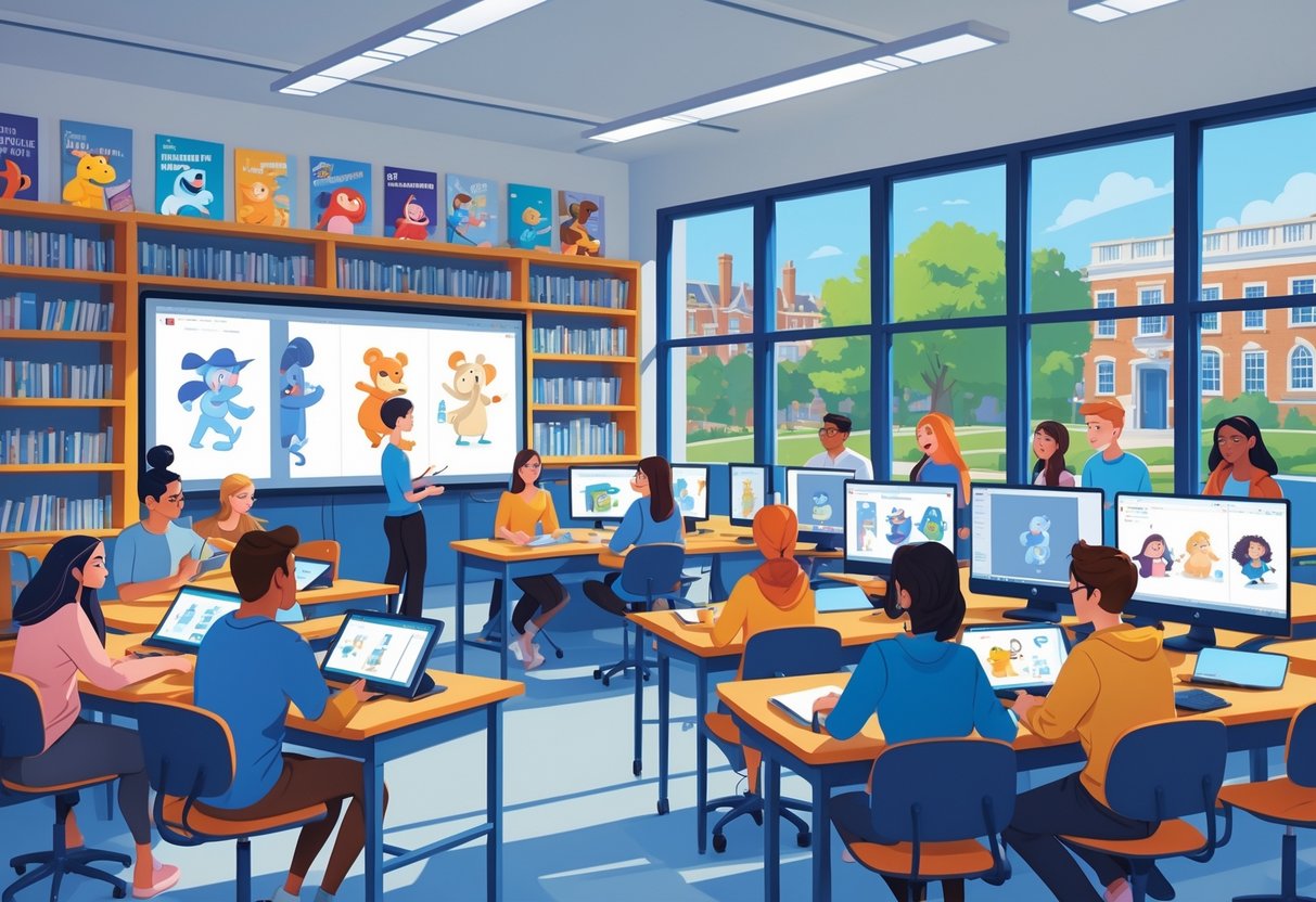 A university classroom with students and a lecturer working together on animation projects using digital tablets and computers.