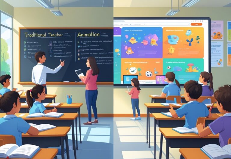 A classroom split into two halves showing a teacher using a blackboard on one side and students watching animated content on a digital screen on the other side.