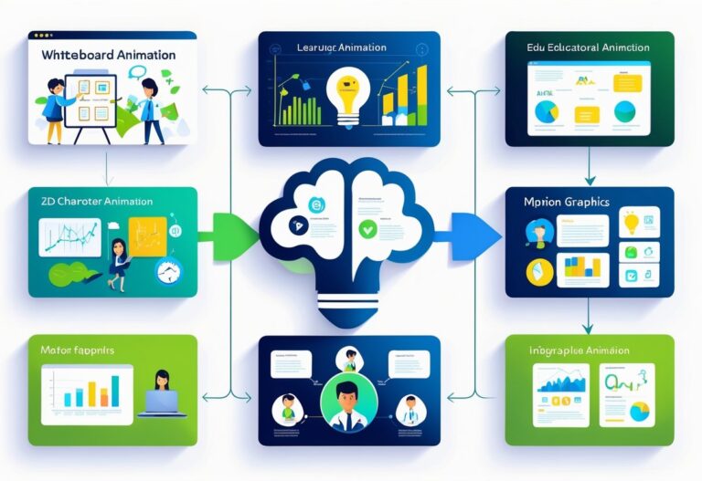 Illustration showing different types of educational animation connected to a central symbol representing learning and retention.