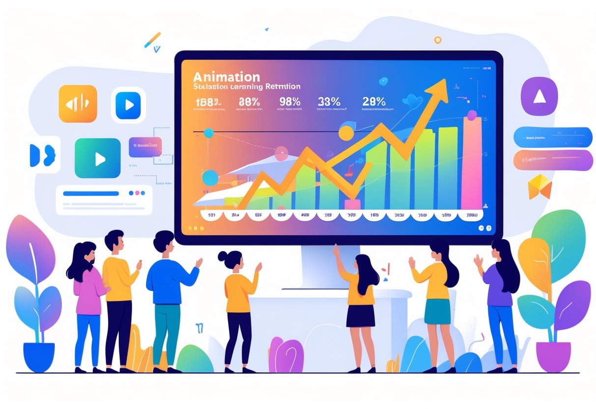 A group of diverse learners watching animated graphs and charts on a large screen illustrating learning retention statistics.