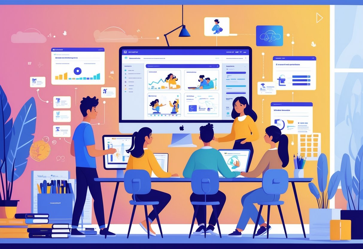 Students learning animation remotely in a home study setting with computers and creative tools.