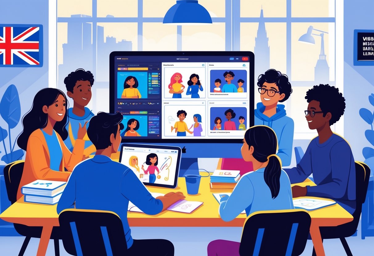 A group of diverse students learning animation remotely on computers, collaborating through video calls in a home study setting with UK educational symbols visible.