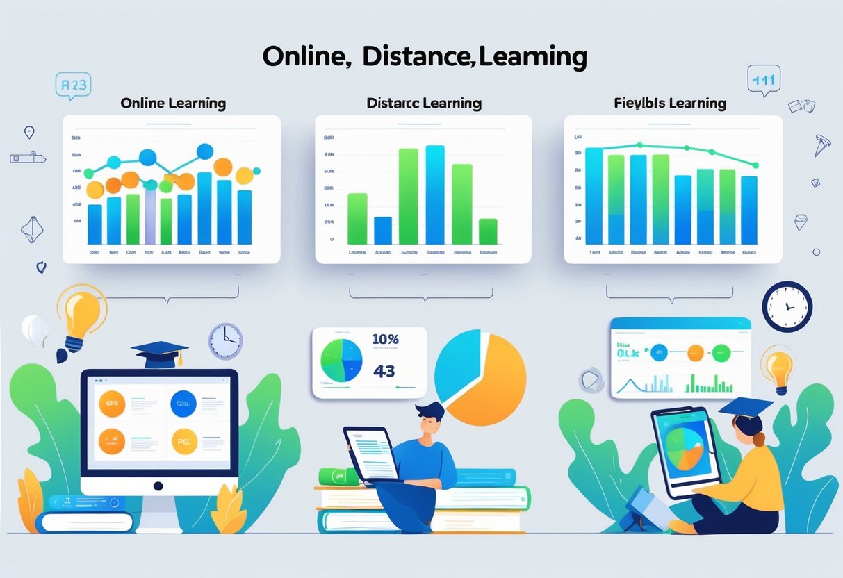 Illustration comparing online, distance, and flexible learning with animated charts showing learning retention statistics.