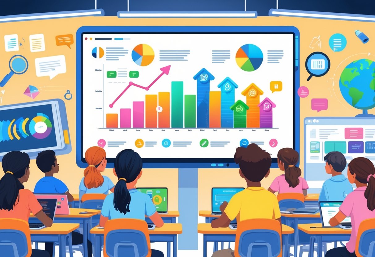 A classroom with students watching animated charts and graphs on a large screen, surrounded by icons representing media literacy and digital learning tools.