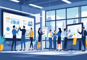 Office scene with employees using animated digital content on screens and tablets for skills training, collaborating in groups in a modern UK workplace.