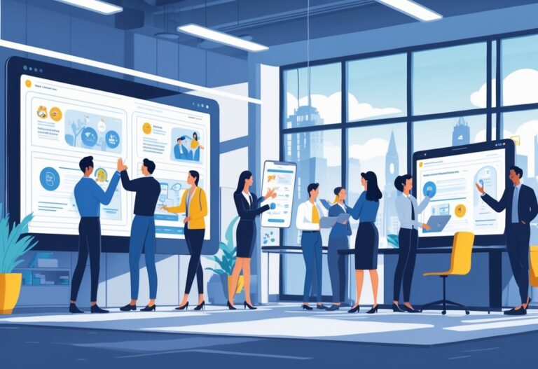 Office scene with employees using animated digital content on screens and tablets for skills training, collaborating in groups in a modern UK workplace.