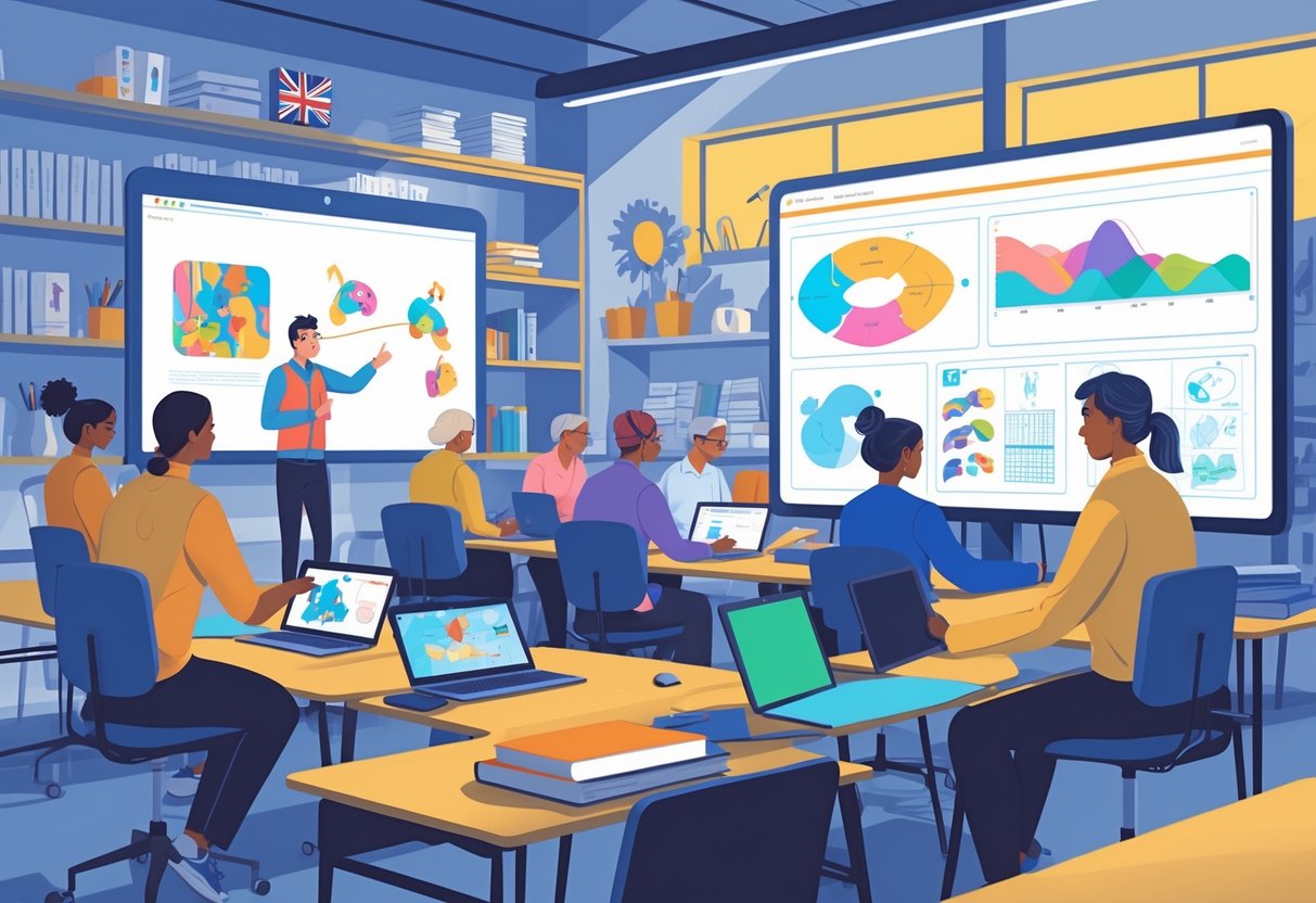 A group of adults in a training room learning animation skills with an instructor demonstrating on a digital screen.