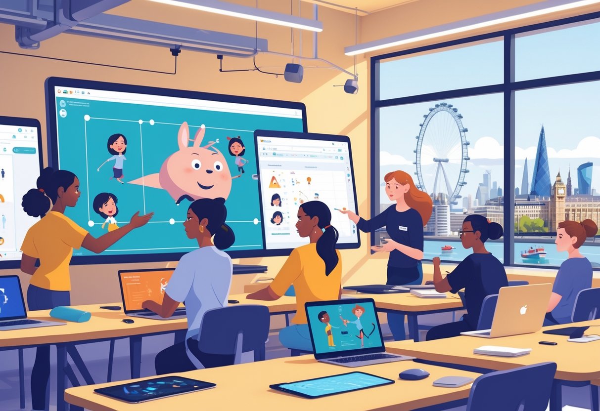 A group of trainers and learners working together in a bright classroom using digital tools to create animations, with a view of London landmarks outside the window.