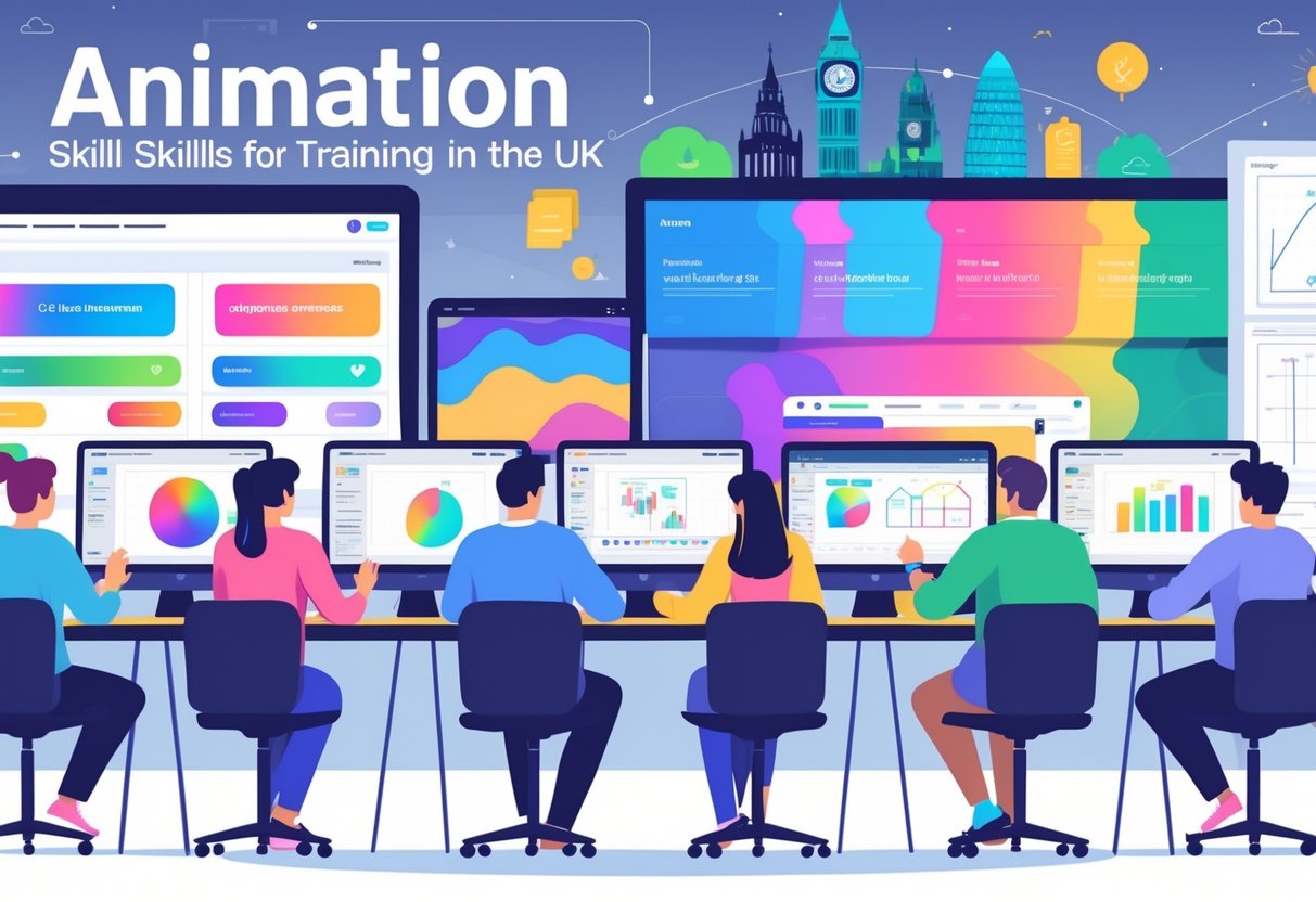 A group of people working together on animation projects at computers in a modern office with UK landmarks visible in the background.