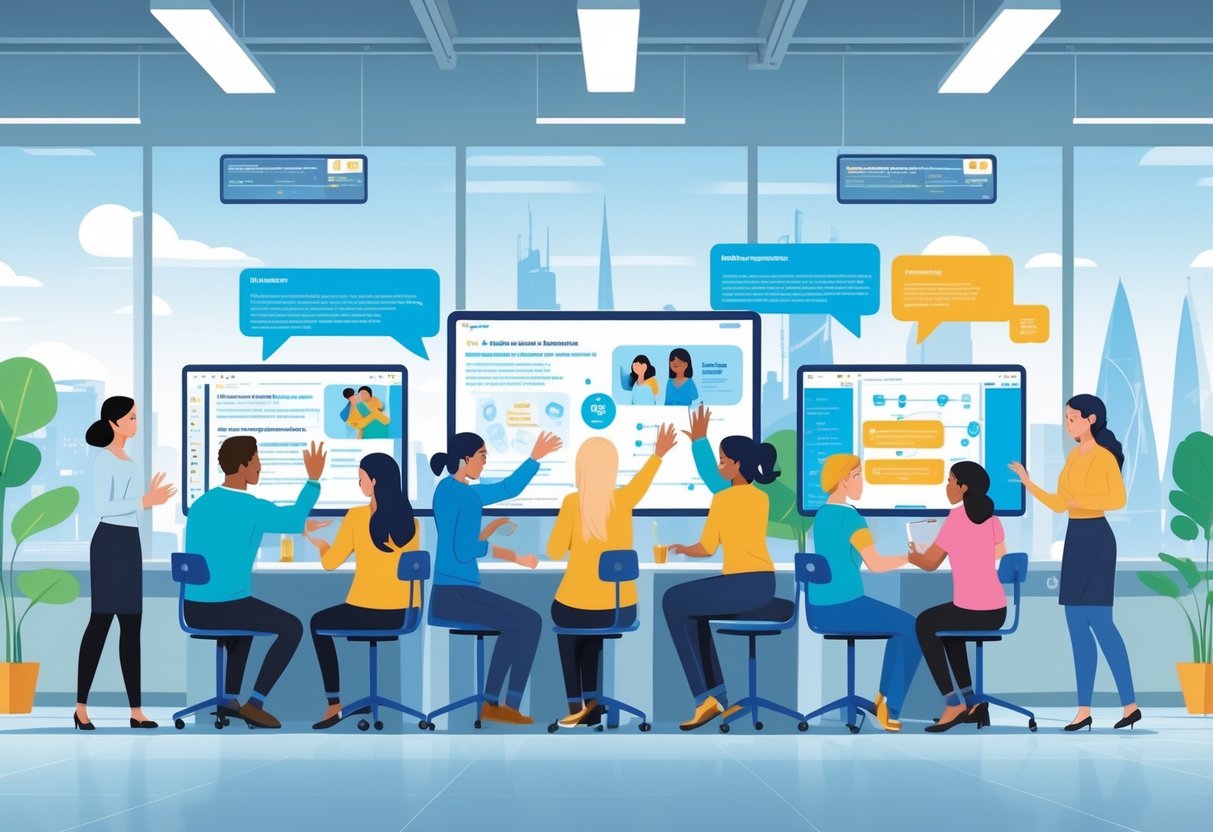 A group of adults learning practical skills through interactive digital animation in a modern training room with a view of a city skyline.