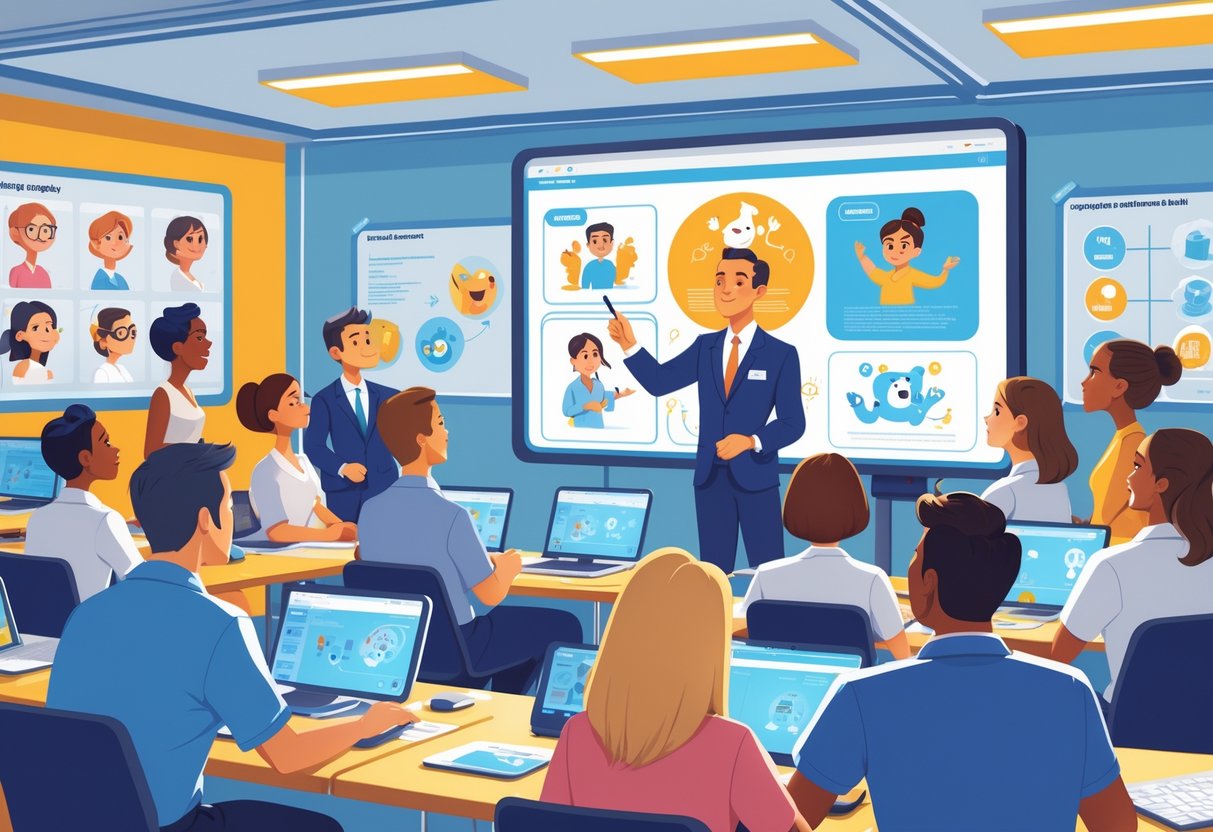 A group of adult learners in a training room watching an instructor explain animation concepts on a large digital screen using animation tools and technology.