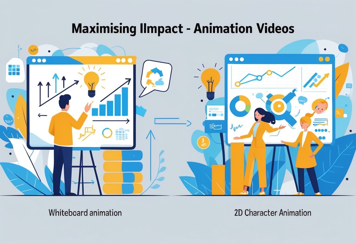 A business scene showing a hand drawing on a whiteboard with icons and charts on one side, and colourful animated characters interacting on the other side, connected by arrows and graphs.