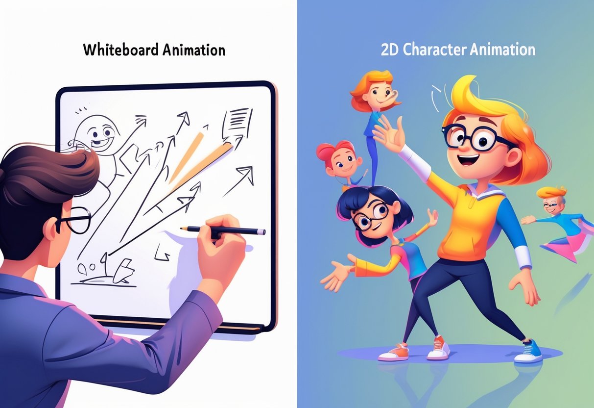 A split scene showing a hand drawing sketches on a whiteboard on one side and colourful 2D animated characters posing on the other side.