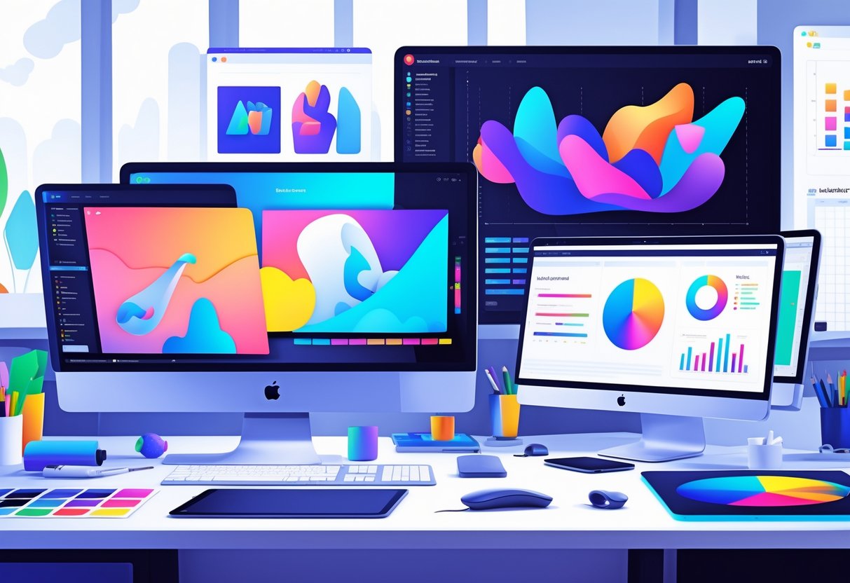 A workspace showing computer screens with 2D animation and motion graphics, surrounded by animation tools and business charts.