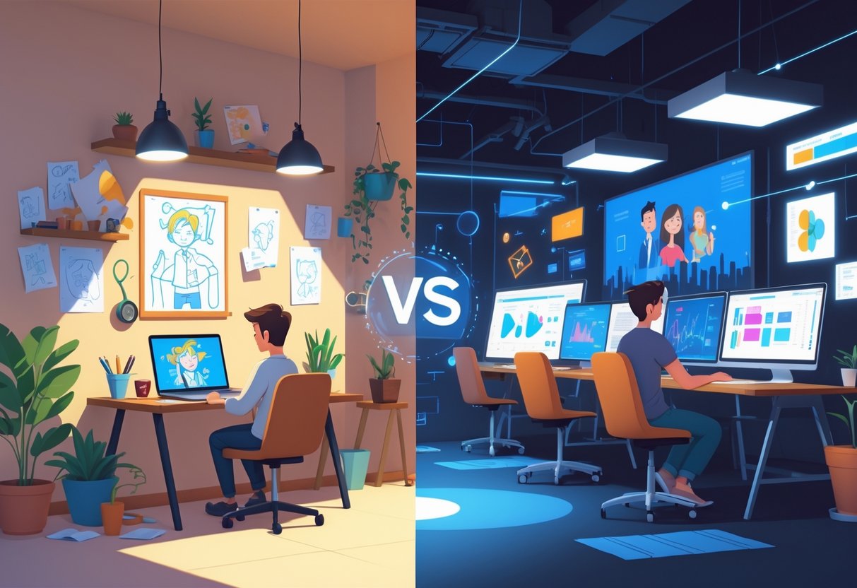 A split scene showing a person working alone on animation at home on one side and a team collaborating in a professional animation studio on the other.