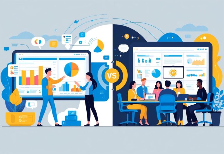 A split image showing animated characters with digital graphics on one side and real people in a training room on the other side, illustrating differences between animation and live action.