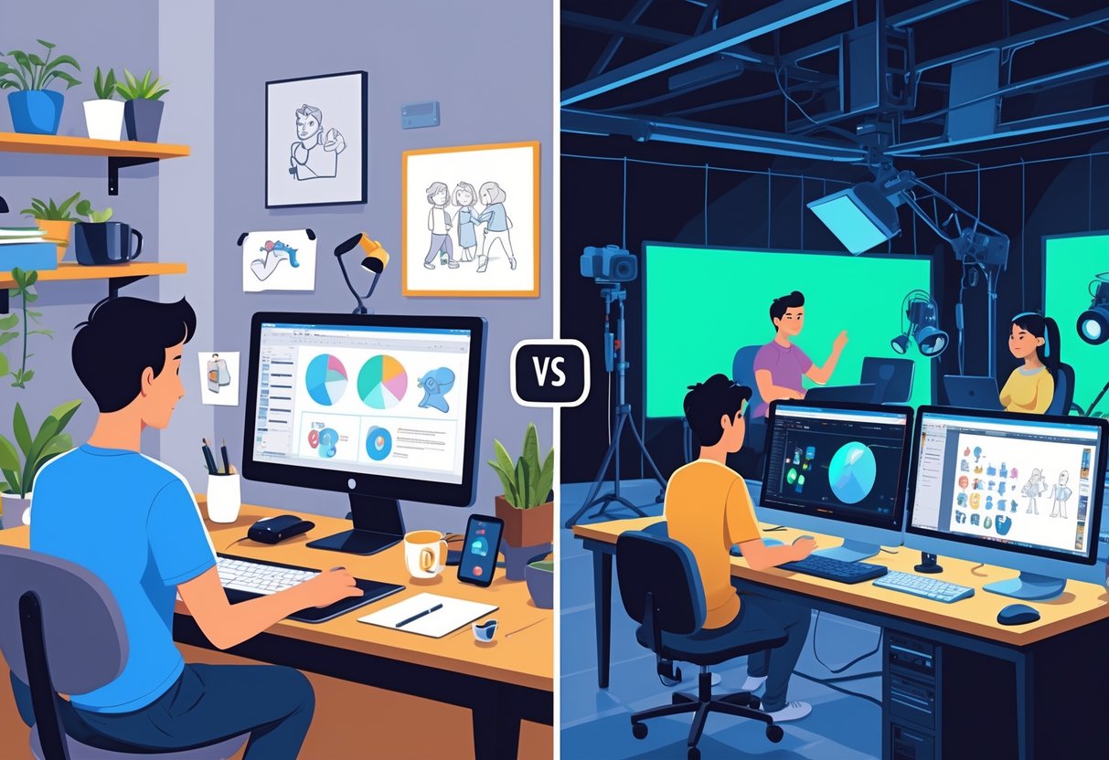 A split scene showing a person working alone on animation at home on one side and a team collaborating in a professional animation studio on the other side.