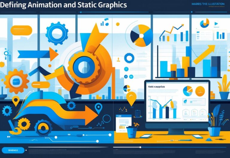 A split scene showing moving animated shapes and still graphic icons side by side in a modern office setting.