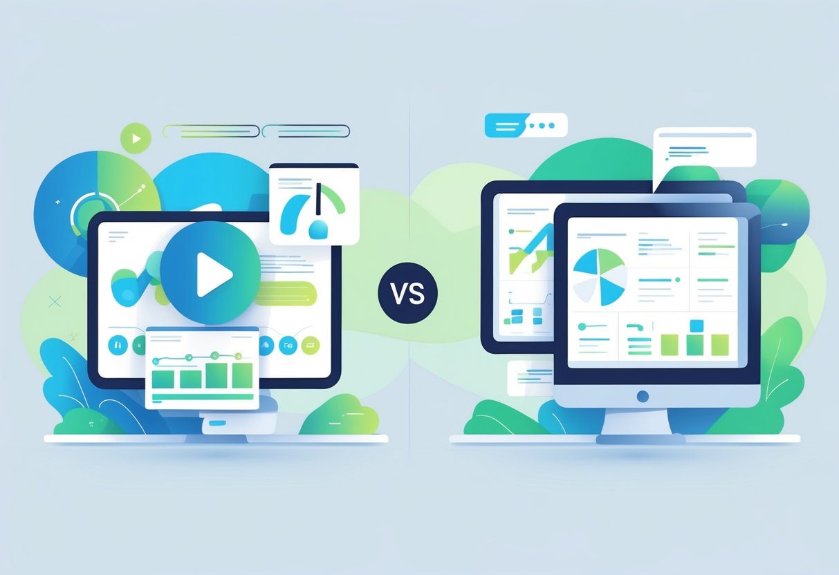 A split scene showing animated moving charts and icons on one side and still charts and icons on the other, illustrating a comparison between animation and static graphics for marketing.