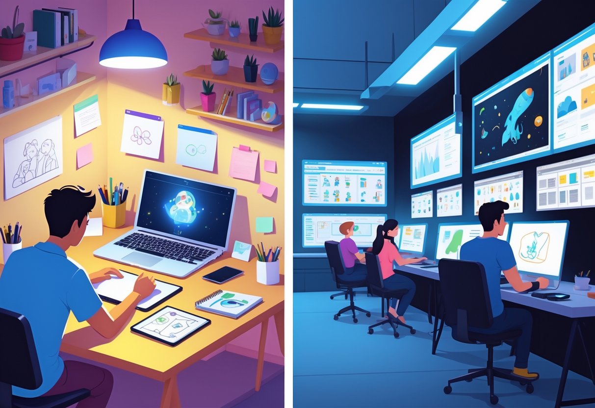 A split scene showing a person working on animation at home on one side and a team collaborating in a professional animation studio on the other side.
