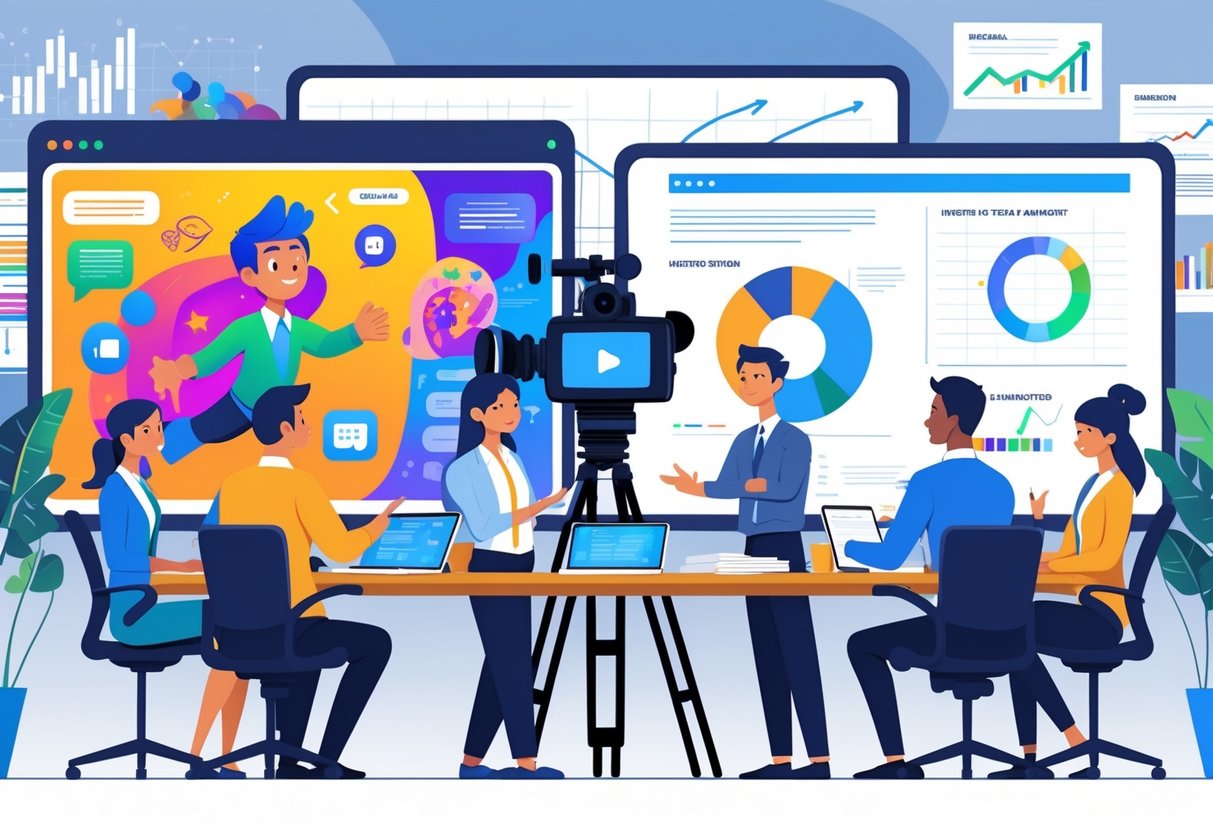 A group of professionals discussing and comparing animated and live action video options for training in a modern office setting.