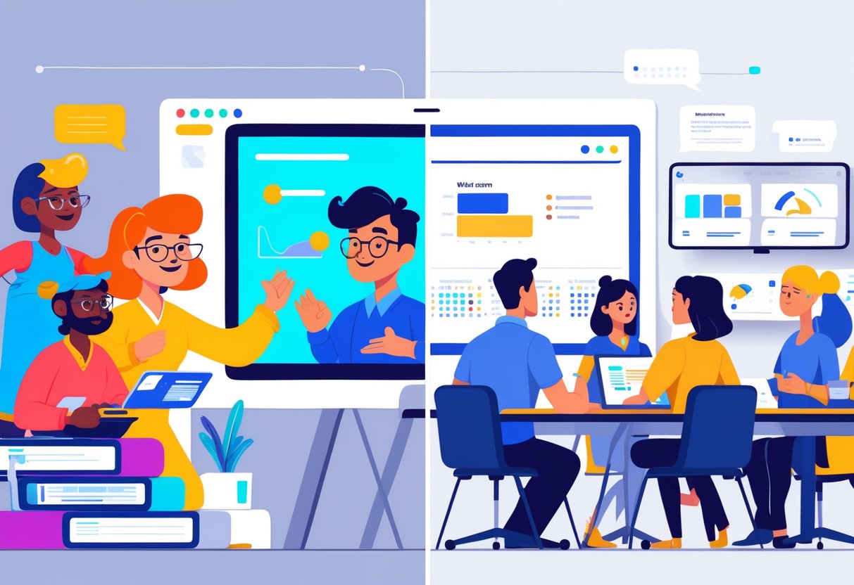 Split-screen showing animated characters on one side and real people in a training session on the other side.