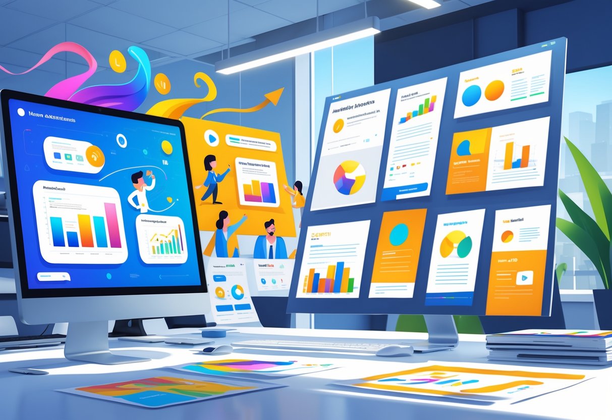 A comparison scene showing animated marketing content on one side and static printed marketing graphics on the other, set in a modern office.