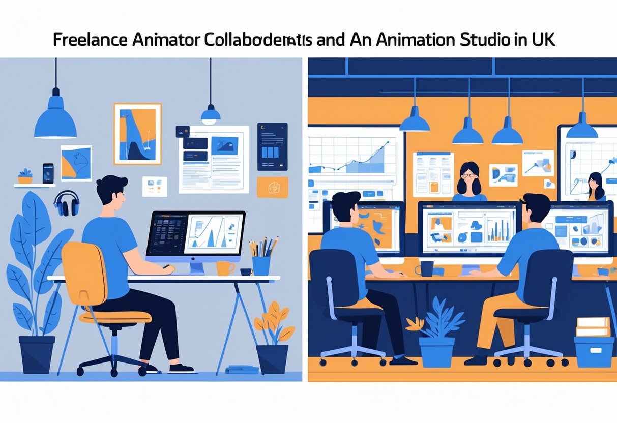A split scene showing a freelance animator working alone at a desk on one side and a busy animation studio with multiple people collaborating on the other side.