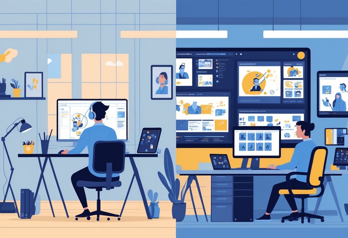 A scene showing a freelance animator working alone at a desk with digital tools on one side, and a busy animation studio with a team collaborating around screens on the other side, with subtle UK elements in the background.