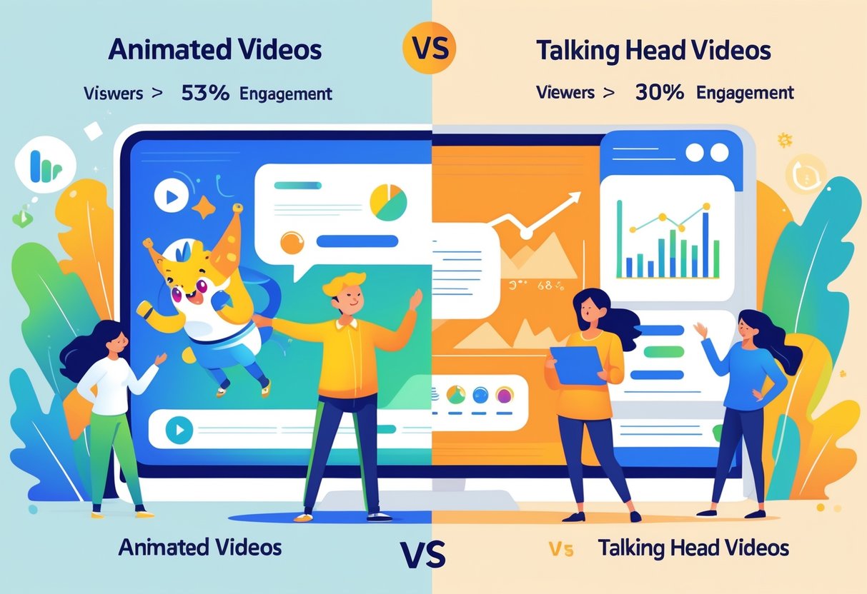 A split scene showing an animated video on one side with colourful characters and a talking head video on the other side with a person speaking, accompanied by graphical elements representing engagement and retention statistics.