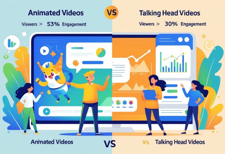 A split scene showing an animated video on one side with colourful characters and a talking head video on the other side with a person speaking, accompanied by graphical elements representing engagement and retention statistics.