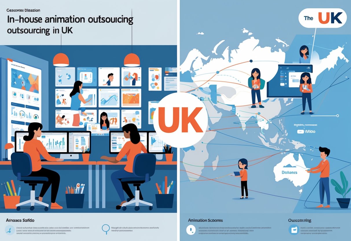 An illustration showing a split scene with a team working together in an animation studio on one side and remote collaboration with digital communication and global connections on the other side.