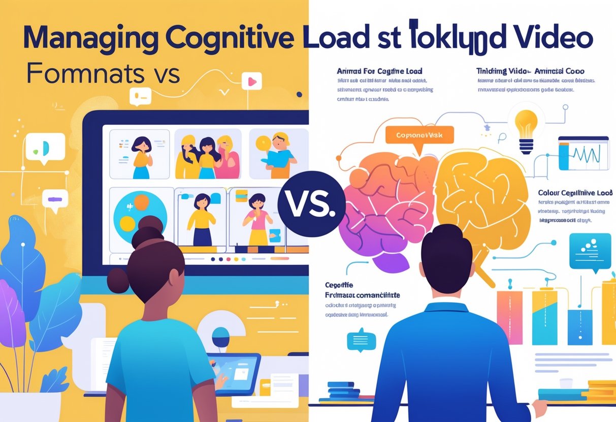 A split scene showing an animated video with colourful characters on one side and a person speaking in a talking head video on the other, with icons representing thinking and mental effort in between.