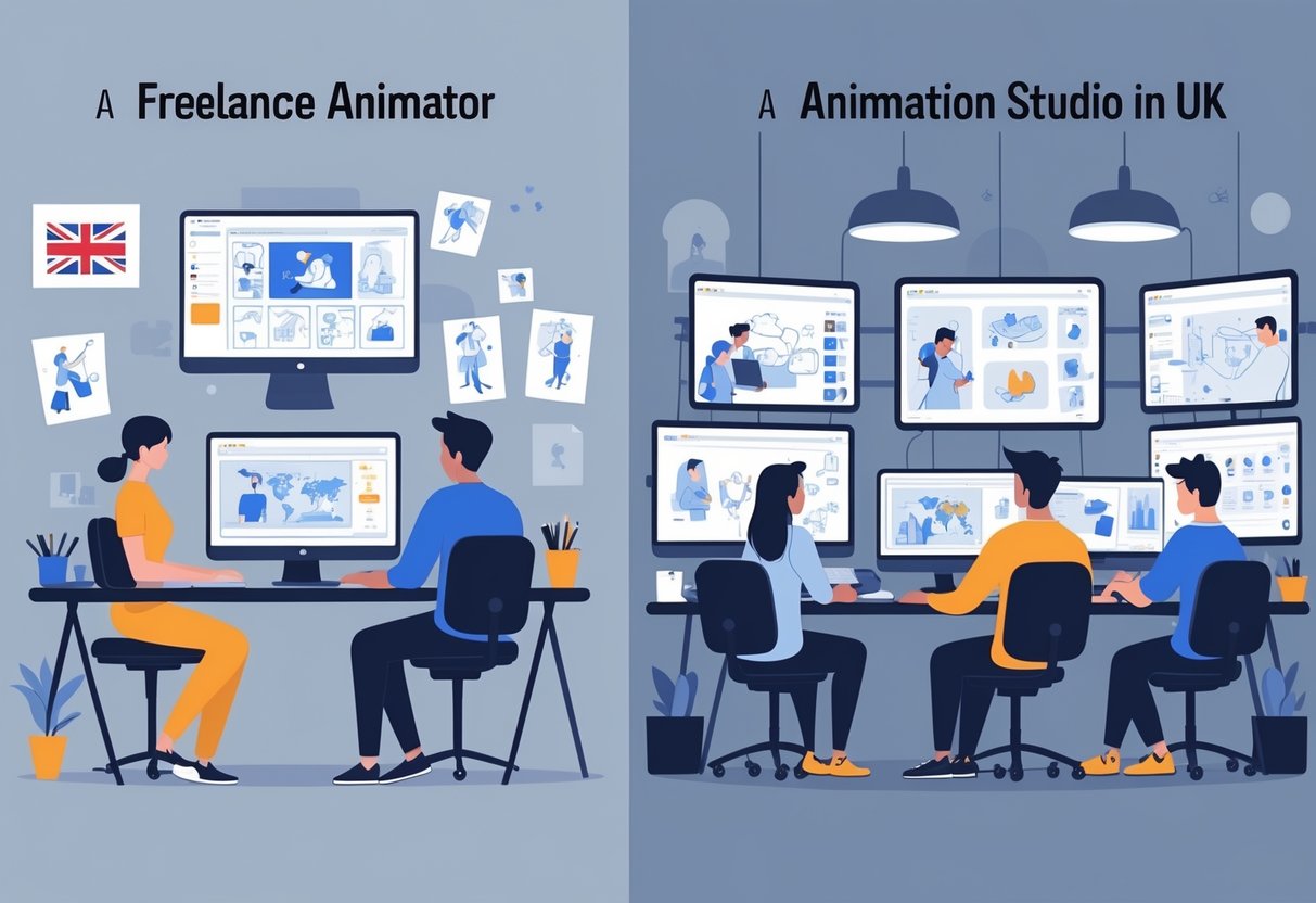 A freelance animator working alone at a desk on the left and a team collaborating in an animation studio on the right, with subtle UK elements in the background.