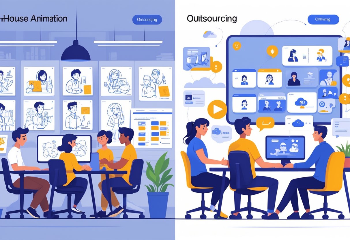 Two contrasting scenes showing an animation team working together in an office on one side and a remote team collaborating online from different locations on the other side.